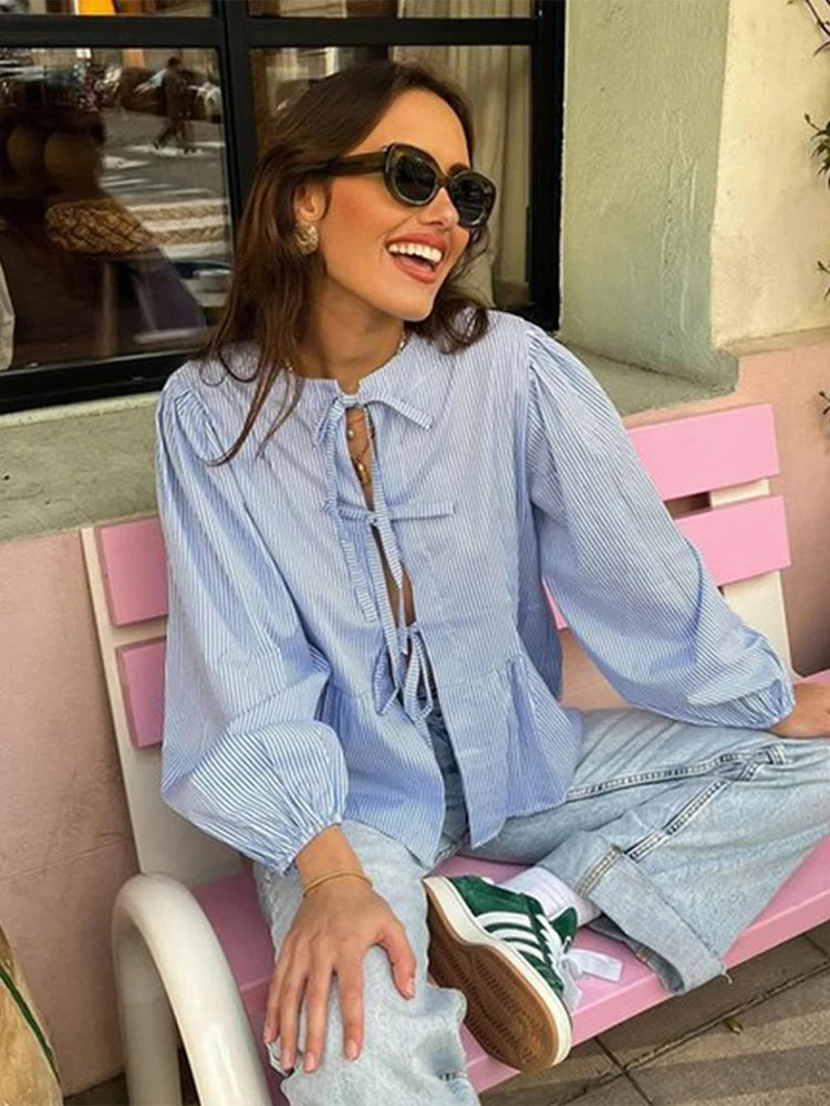 Hollow Out Lace Up Shirt - Lady Blouse